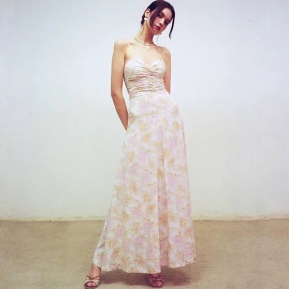 b.Fleurs Teresa Floral Ruched Maxi Midi Halter Dress
